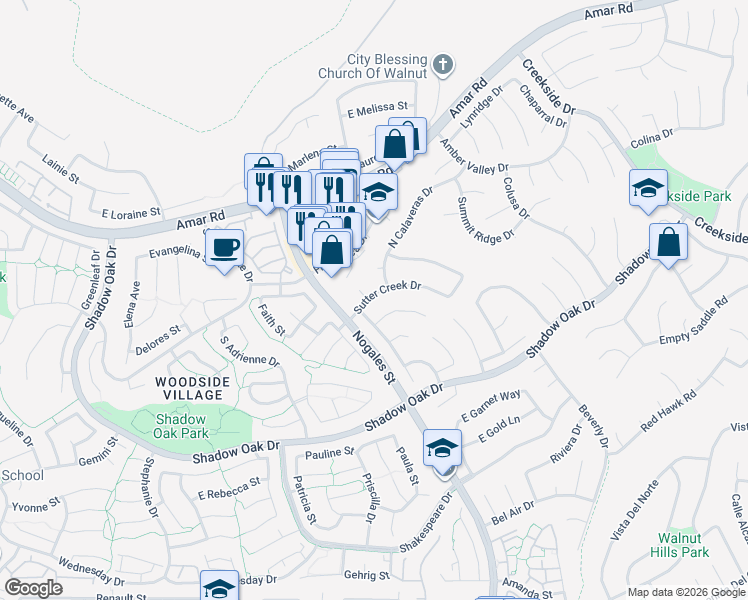 map of restaurants, bars, coffee shops, grocery stores, and more near 18845 Sutter Creek Drive in Walnut