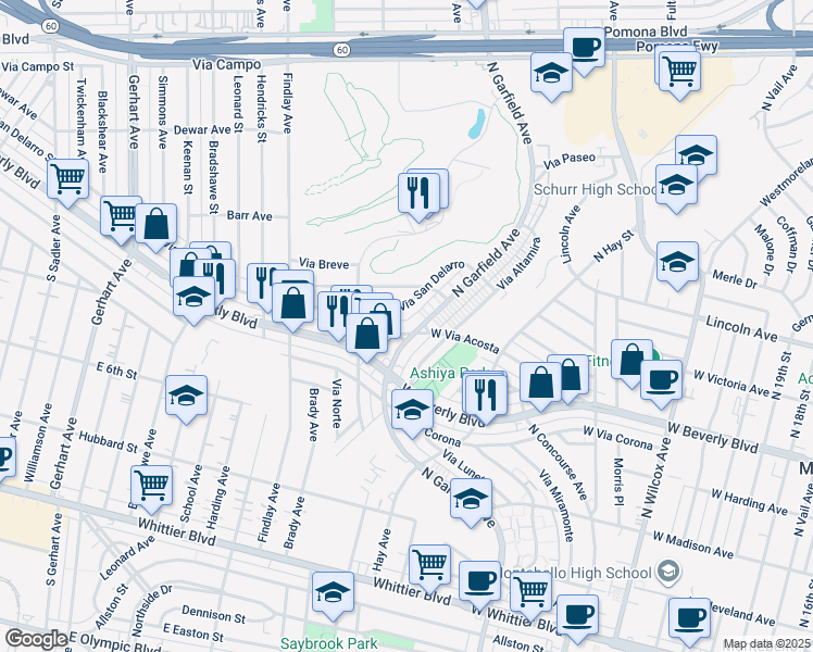 map of restaurants, bars, coffee shops, grocery stores, and more near 2929 Via San Delarro in Montebello