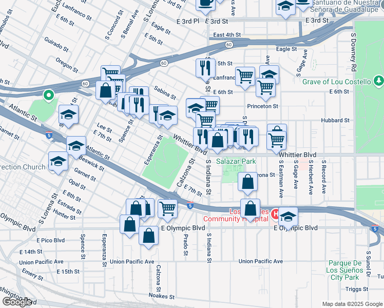 map of restaurants, bars, coffee shops, grocery stores, and more near 3666 Whittier Boulevard in Los Angeles