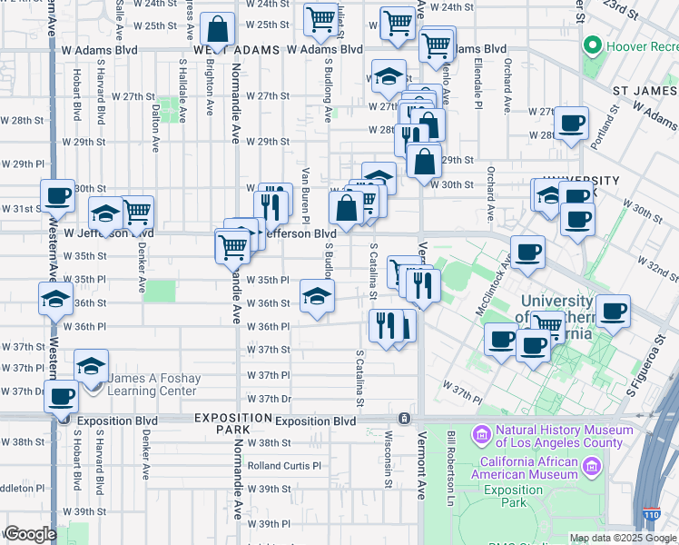 map of restaurants, bars, coffee shops, grocery stores, and more near 3505 Budlong Avenue in Los Angeles