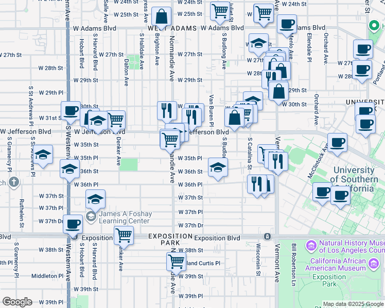 map of restaurants, bars, coffee shops, grocery stores, and more near 1352 West 35th Street in Los Angeles