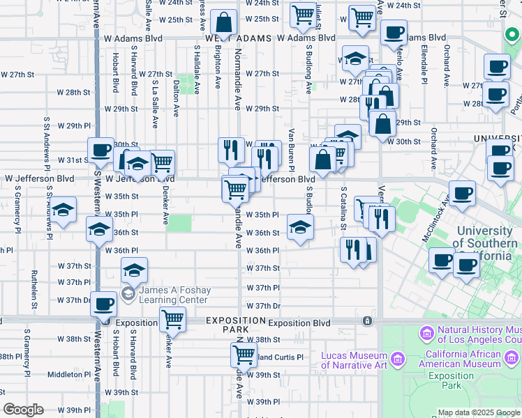 map of restaurants, bars, coffee shops, grocery stores, and more near 1352 West 35th Street in Los Angeles