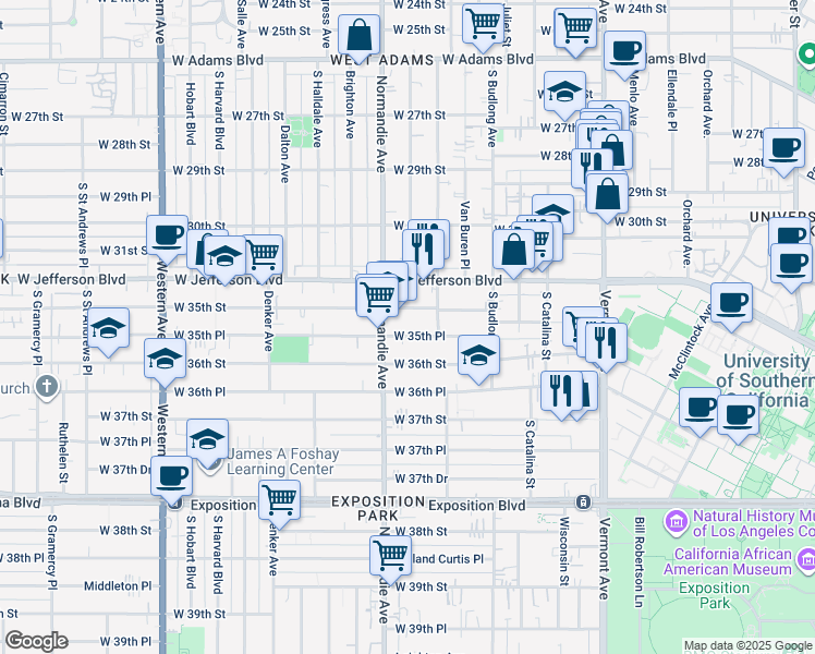 map of restaurants, bars, coffee shops, grocery stores, and more near 1352 West 35th Street in Los Angeles