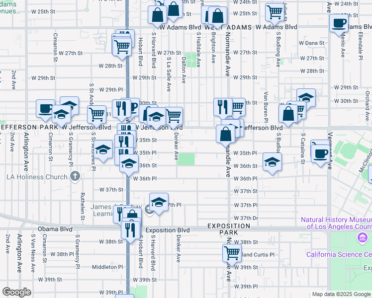 map of restaurants, bars, coffee shops, grocery stores, and more near 1504 West 35th Street in Los Angeles