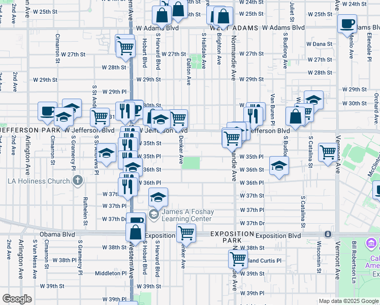 map of restaurants, bars, coffee shops, grocery stores, and more near 1504 West 35th Street in Los Angeles