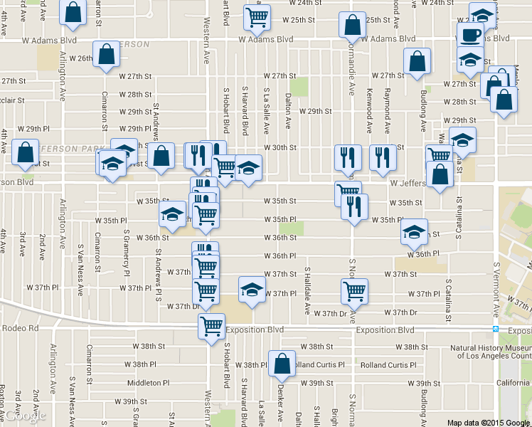 map of restaurants, bars, coffee shops, grocery stores, and more near 1558 West 35th Street in Los Angeles