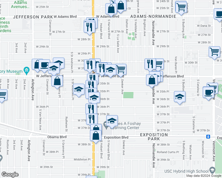 map of restaurants, bars, coffee shops, grocery stores, and more near 1614 West 35th Street in Los Angeles
