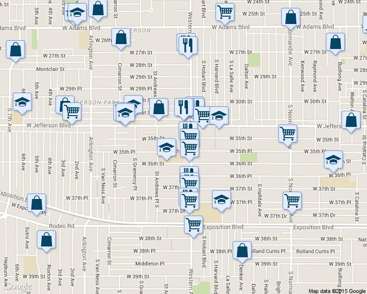 map of restaurants, bars, coffee shops, grocery stores, and more near 1718 West 35th Street in Los Angeles