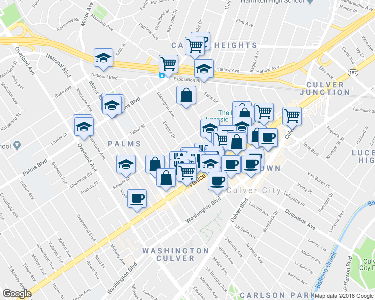 map of restaurants, bars, coffee shops, grocery stores, and more near 10110 Regent Street in Los Angeles
