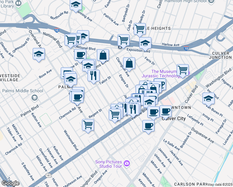 map of restaurants, bars, coffee shops, grocery stores, and more near 3664 Jasmine Avenue in Los Angeles