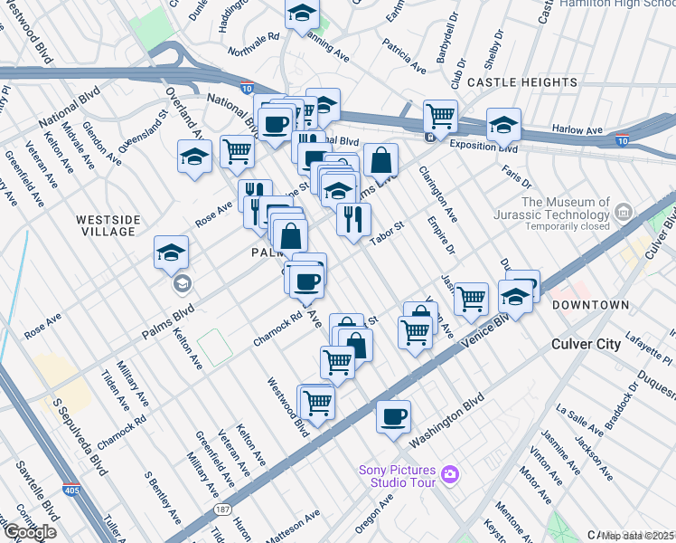 map of restaurants, bars, coffee shops, grocery stores, and more near 3568 Mentone Avenue in Los Angeles