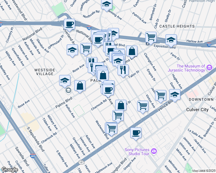 map of restaurants, bars, coffee shops, grocery stores, and more near 3540 Keystone Avenue in Los Angeles