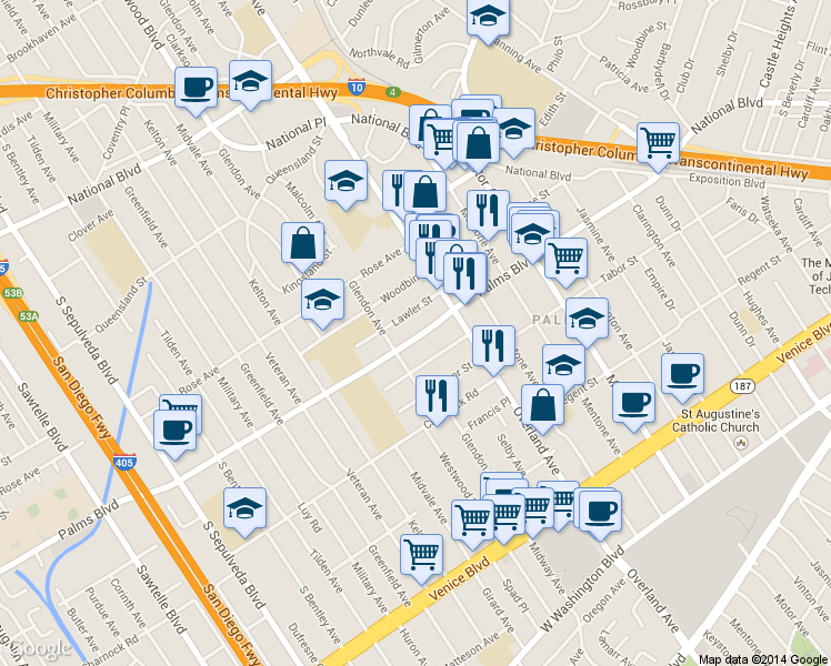 map of restaurants, bars, coffee shops, grocery stores, and more near 10740 Lawler Street in Los Angeles
