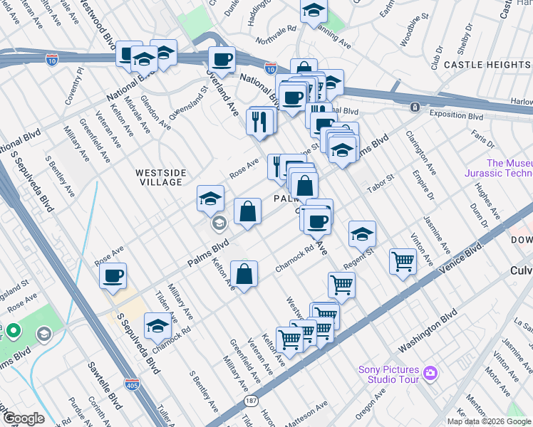map of restaurants, bars, coffee shops, grocery stores, and more near 10740 Lawler Street in Los Angeles