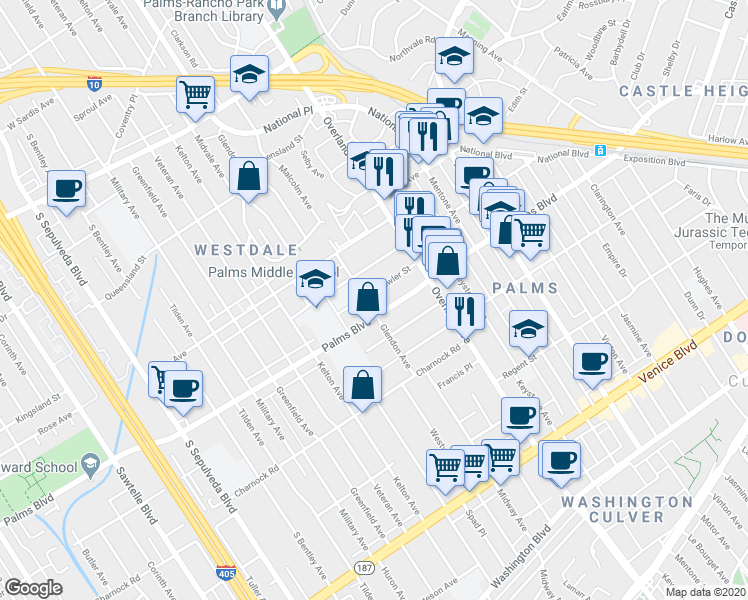 map of restaurants, bars, coffee shops, grocery stores, and more near 3406 Glendon Avenue in Los Angeles