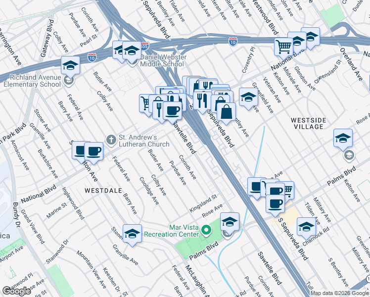 map of restaurants, bars, coffee shops, grocery stores, and more near 3150 Sawtelle Boulevard in Los Angeles