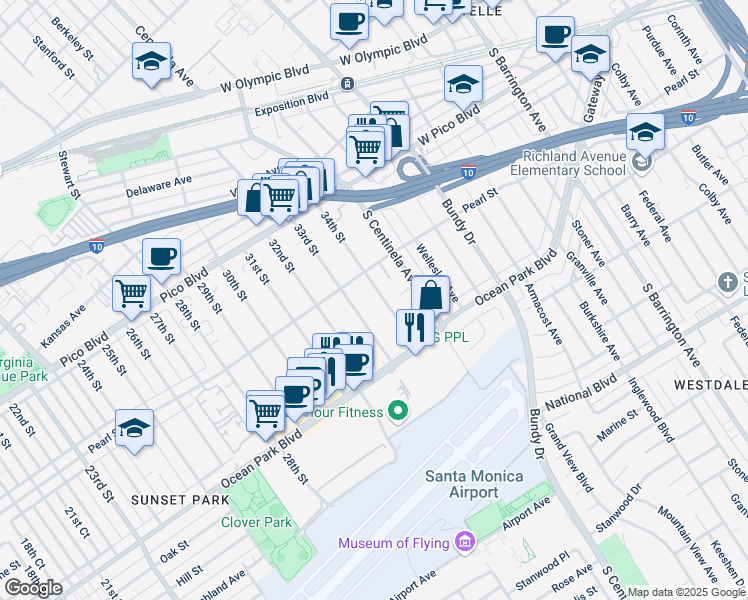 map of restaurants, bars, coffee shops, grocery stores, and more near 2526 34th Street in Santa Monica