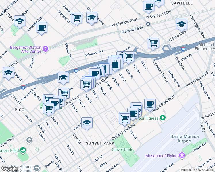 map of restaurants, bars, coffee shops, grocery stores, and more near 2830 Pico Boulevard in Santa Monica