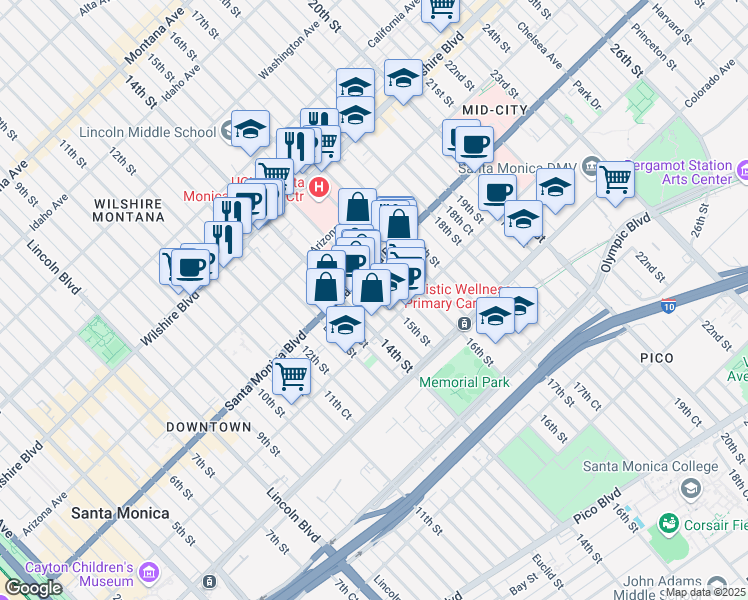 map of restaurants, bars, coffee shops, grocery stores, and more near 1422 Santa Monica Boulevard in Santa Monica
