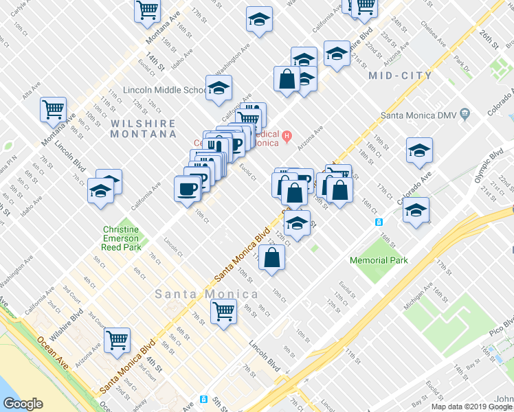 map of restaurants, bars, coffee shops, grocery stores, and more near 1314 Euclid Street in Santa Monica