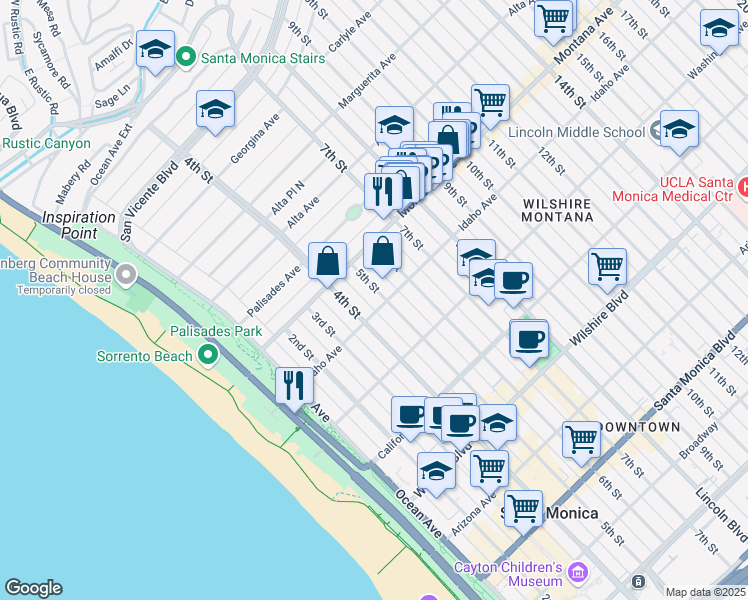map of restaurants, bars, coffee shops, grocery stores, and more near 830 5th Street in Santa Monica