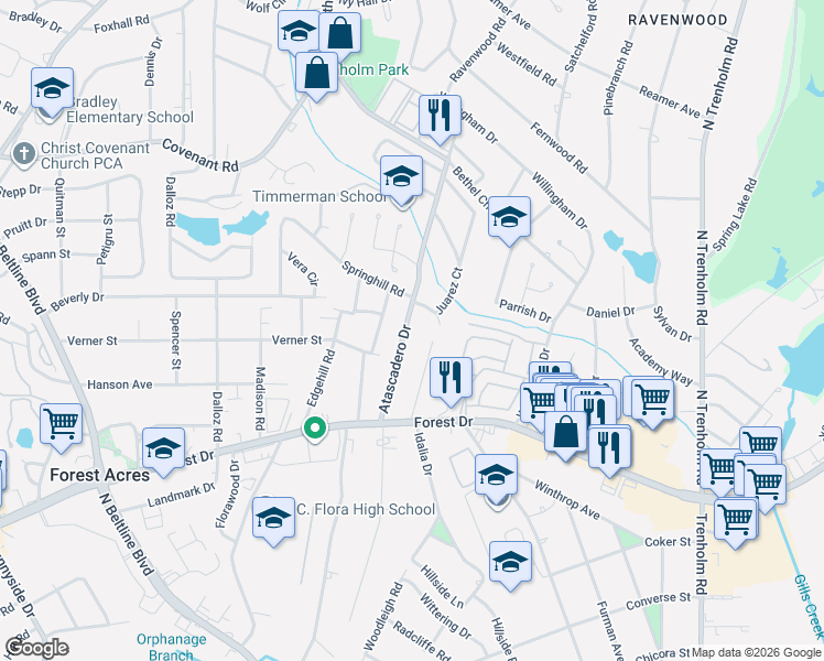map of restaurants, bars, coffee shops, grocery stores, and more near 102 Juarez Court in Columbia