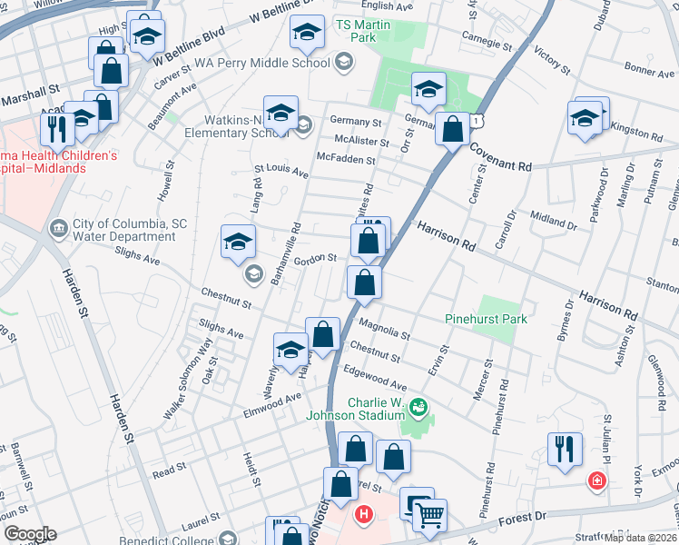 map of restaurants, bars, coffee shops, grocery stores, and more near 2518 Gordon Street in Columbia