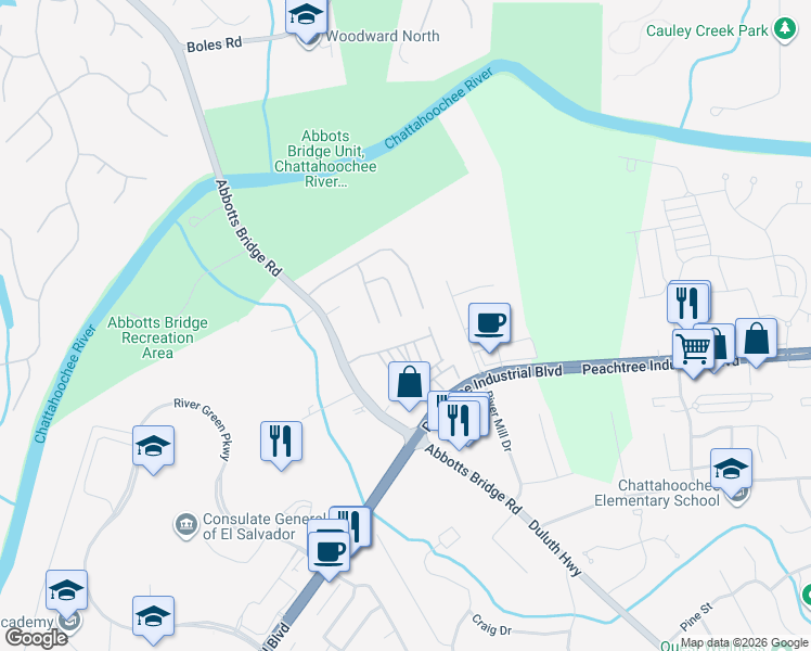 map of restaurants, bars, coffee shops, grocery stores, and more near 2969 Abbotts Oak Way in Duluth