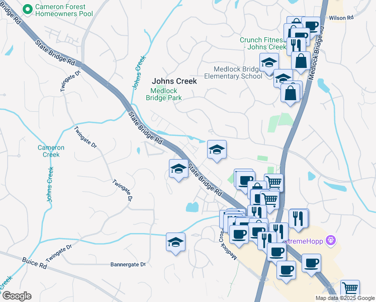 map of restaurants, bars, coffee shops, grocery stores, and more near 608 Goldsmith Court in Johns Creek
