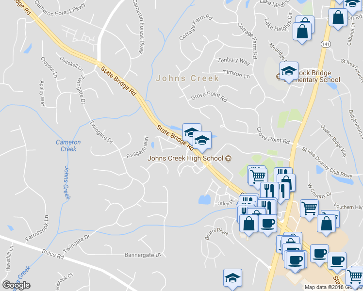 map of restaurants, bars, coffee shops, grocery stores, and more near 5528 Cameron Parc Drive in Alpharetta