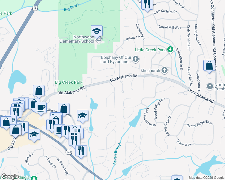 map of restaurants, bars, coffee shops, grocery stores, and more near 500 Ansley Drive in Roswell