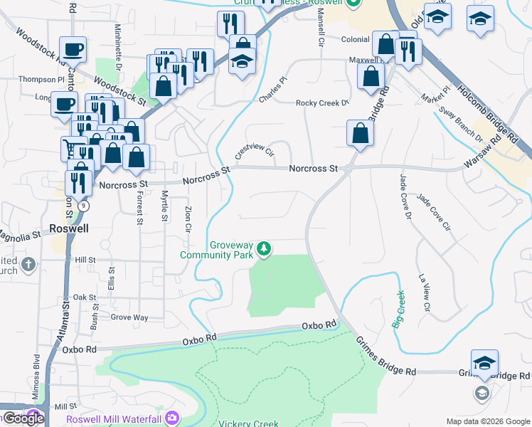 map of restaurants, bars, coffee shops, grocery stores, and more near 300 Stonebridge Trail in Roswell