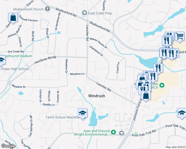 map of restaurants, bars, coffee shops, grocery stores, and more near 3110 Skyridge Court in Marietta