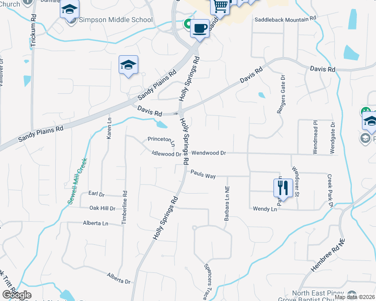 map of restaurants, bars, coffee shops, grocery stores, and more near 3047 Holly Springs Road in Marietta