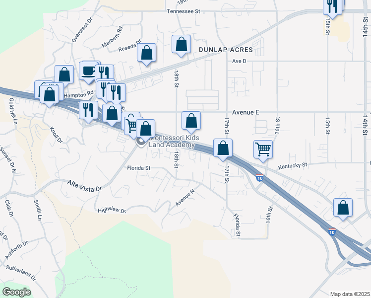 map of restaurants, bars, coffee shops, grocery stores, and more near 31743 Outer Highway 10 South in Redlands