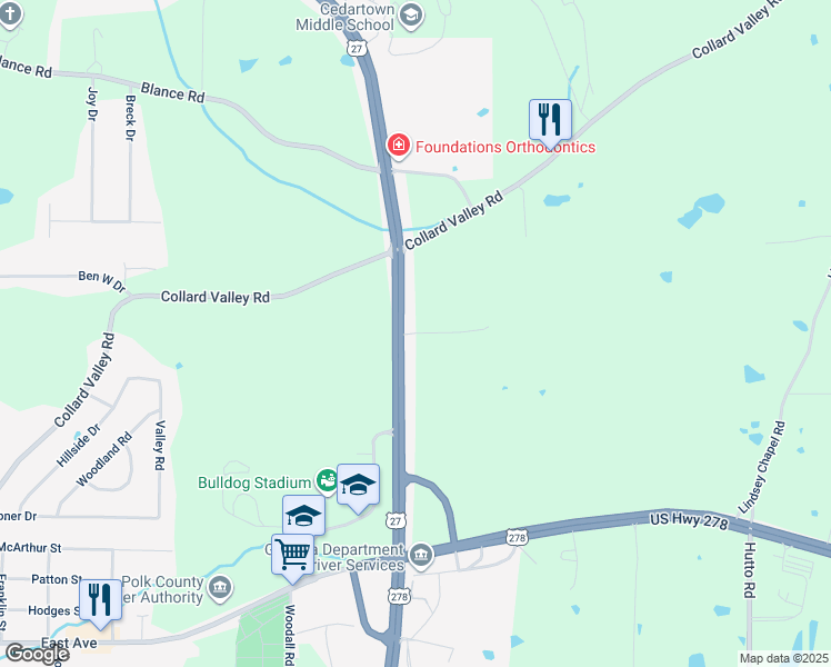 map of restaurants, bars, coffee shops, grocery stores, and more near Cuzzort Road in Cedartown