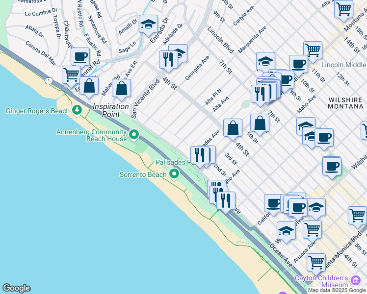 map of restaurants, bars, coffee shops, grocery stores, and more near 603 Ocean Avenue in Santa Monica