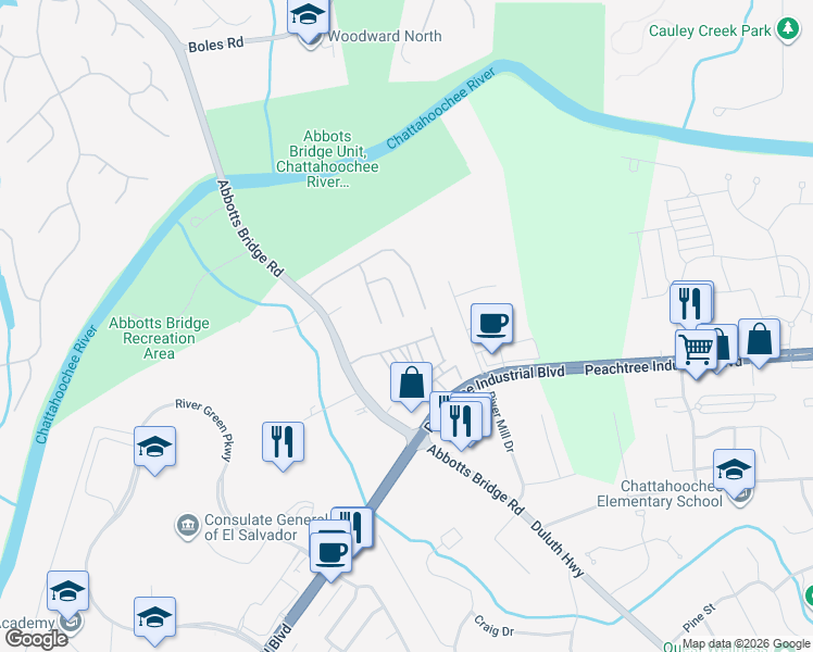 map of restaurants, bars, coffee shops, grocery stores, and more near 2969 Abbotts Oak Way in Duluth