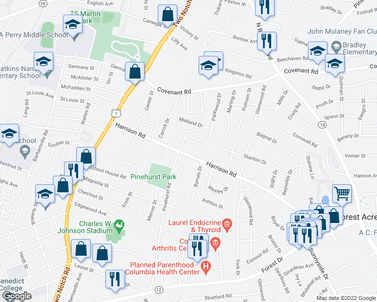 map of restaurants, bars, coffee shops, grocery stores, and more near 2612 Harrison Road in Columbia