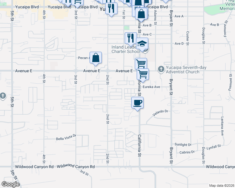 map of restaurants, bars, coffee shops, grocery stores, and more near 12655 2nd Street in Yucaipa