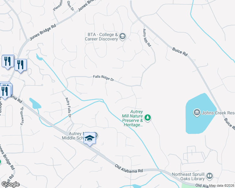 map of restaurants, bars, coffee shops, grocery stores, and more near 810 Falls Point Circle in Alpharetta