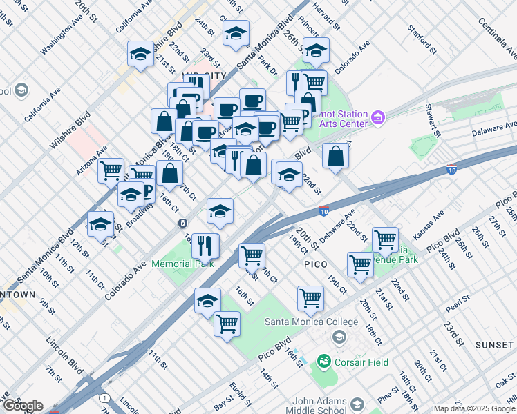 map of restaurants, bars, coffee shops, grocery stores, and more near 1653 19th Court in Santa Monica