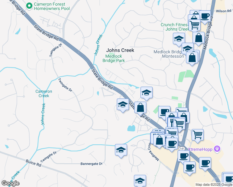 map of restaurants, bars, coffee shops, grocery stores, and more near 5528 Cameron Parc Drive in Alpharetta