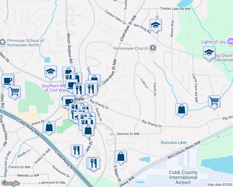 map of restaurants, bars, coffee shops, grocery stores, and more near 2067 Cherokee Ridge Trail Northwest in Kennesaw