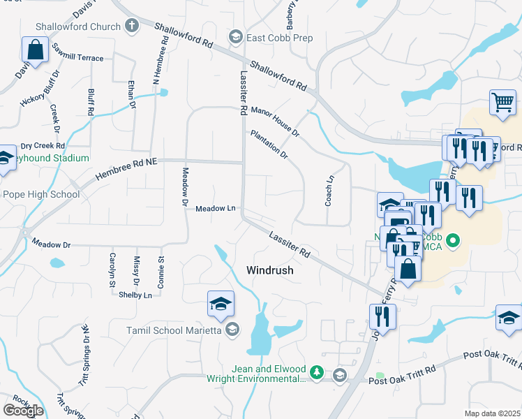 map of restaurants, bars, coffee shops, grocery stores, and more near 3110 Skyridge Court in Marietta