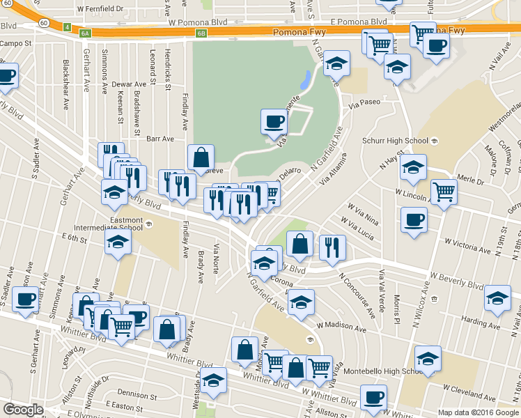 map of restaurants, bars, coffee shops, grocery stores, and more near 2912 W Via Acosta in Montebello
