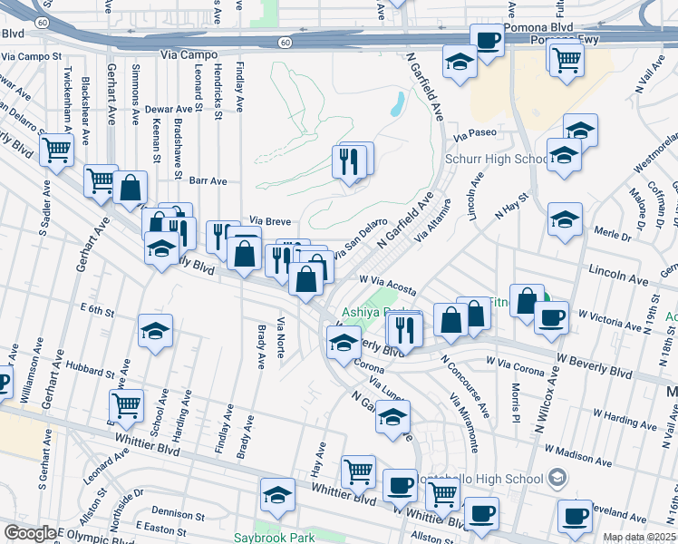 map of restaurants, bars, coffee shops, grocery stores, and more near 2912 West Via Acosta in Montebello