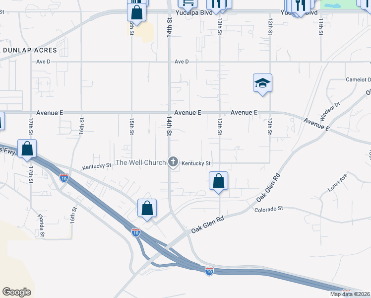 map of restaurants, bars, coffee shops, grocery stores, and more near 12609 14th Street in Yucaipa