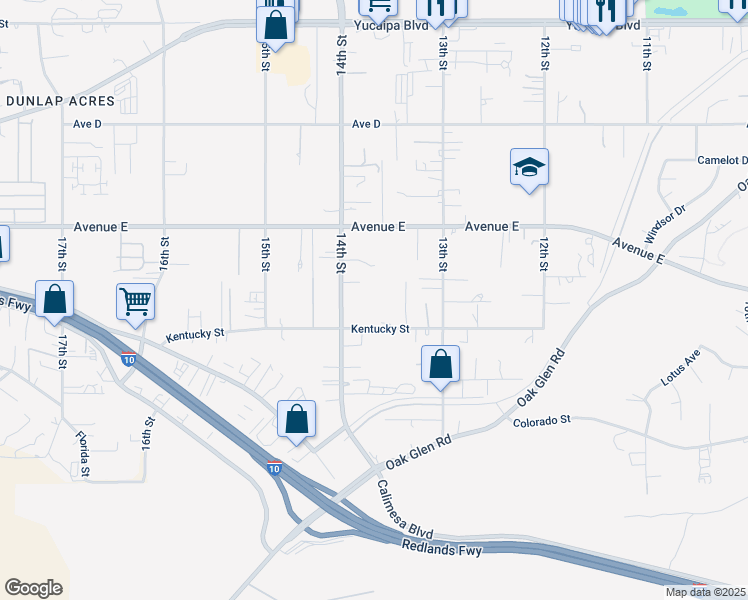 map of restaurants, bars, coffee shops, grocery stores, and more near 32568 Kentucky Street in Yucaipa