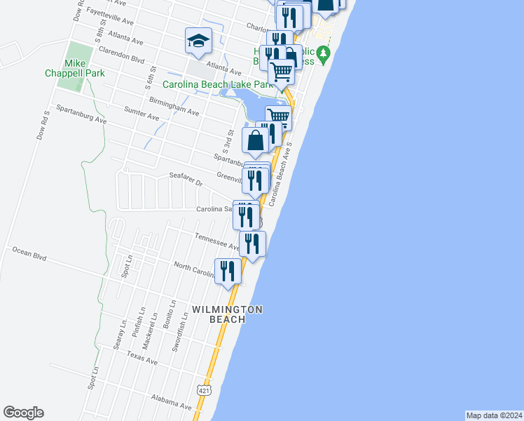 map of restaurants, bars, coffee shops, grocery stores, and more near 1101 South Lake Park Boulevard in Carolina Beach